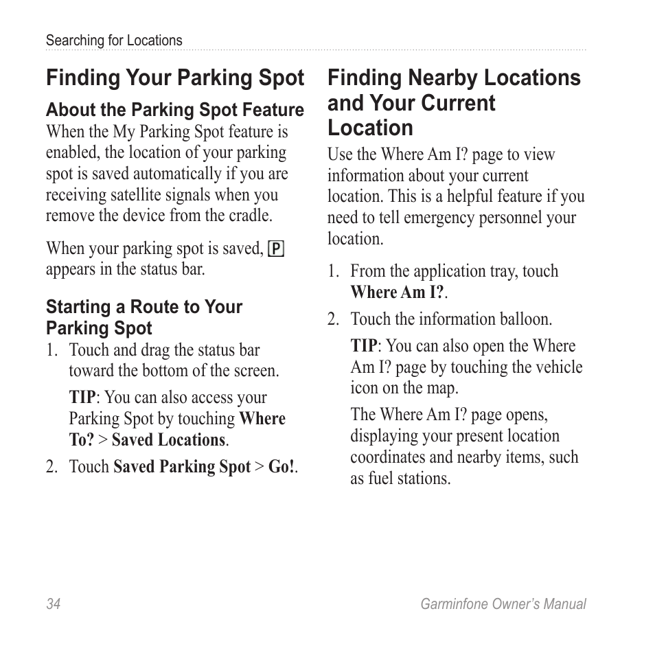 Finding your parking spot, Finding nearby locations and your current location, Finding nearby locations and your | Current location | Garmin Cell Phone User Manual | Page 42 / 134