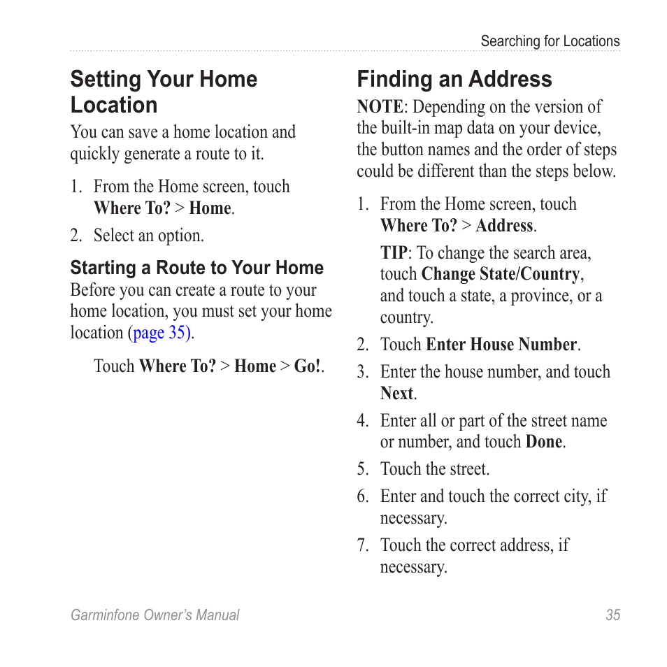 Setting your home location, Finding an address | Garmin Cell Phone User Manual | Page 43 / 134