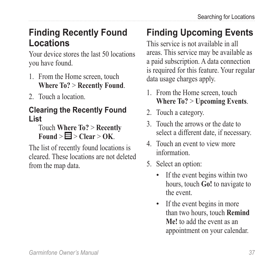 Finding recently found locations, Finding upcoming events, Finding recently found | Locations | Garmin Cell Phone User Manual | Page 45 / 134