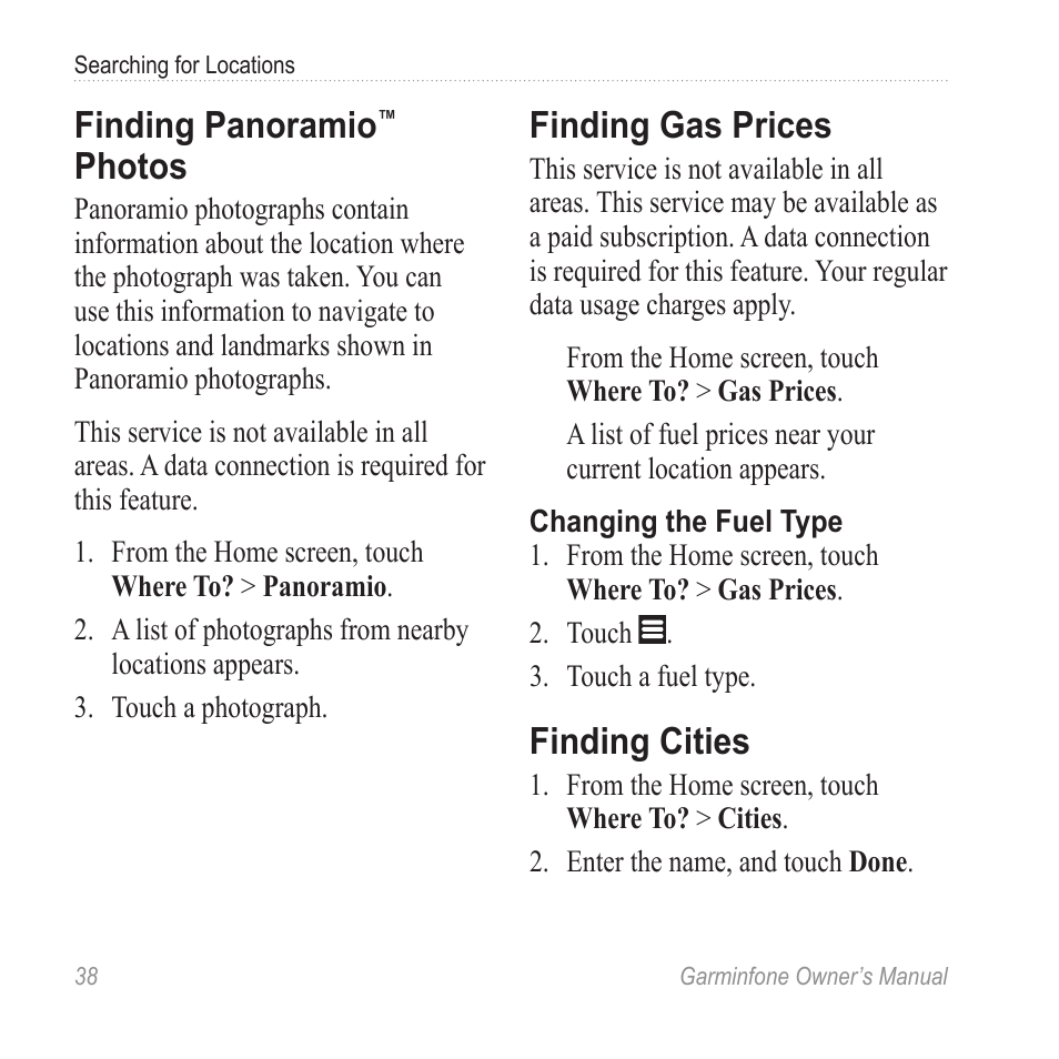 Finding panoramio™ photos, Finding gas prices, Finding cities | Finding panoramio, Photos | Garmin Cell Phone User Manual | Page 46 / 134