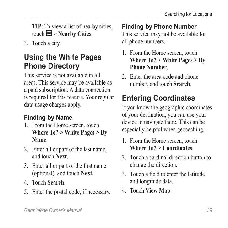 Entering coordinates, Directory, Using the white pages phone directory | Garmin Cell Phone User Manual | Page 47 / 134