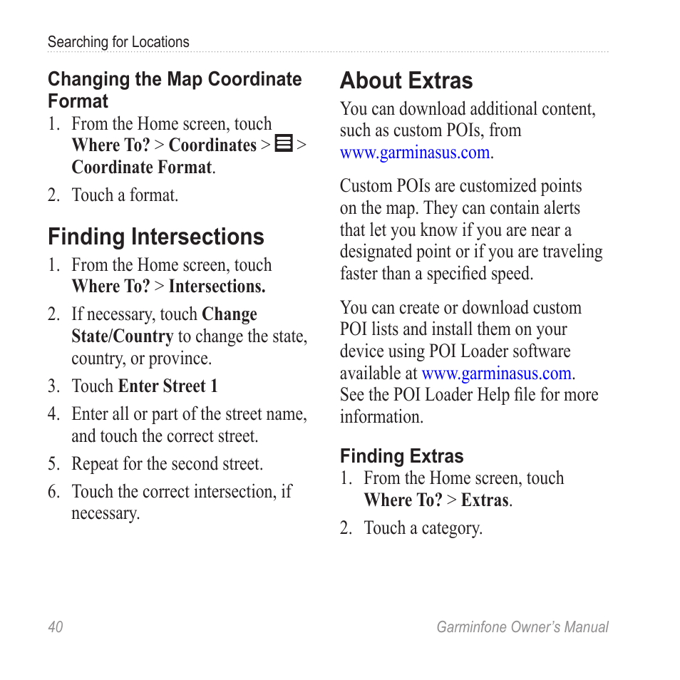 Finding intersections, About extras | Garmin Cell Phone User Manual | Page 48 / 134
