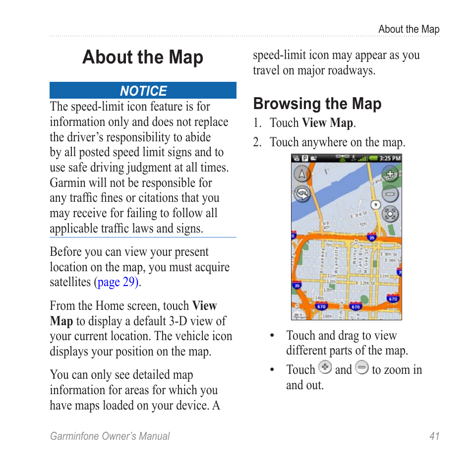 About the map, Browsing the map | Garmin Cell Phone User Manual | Page 49 / 134