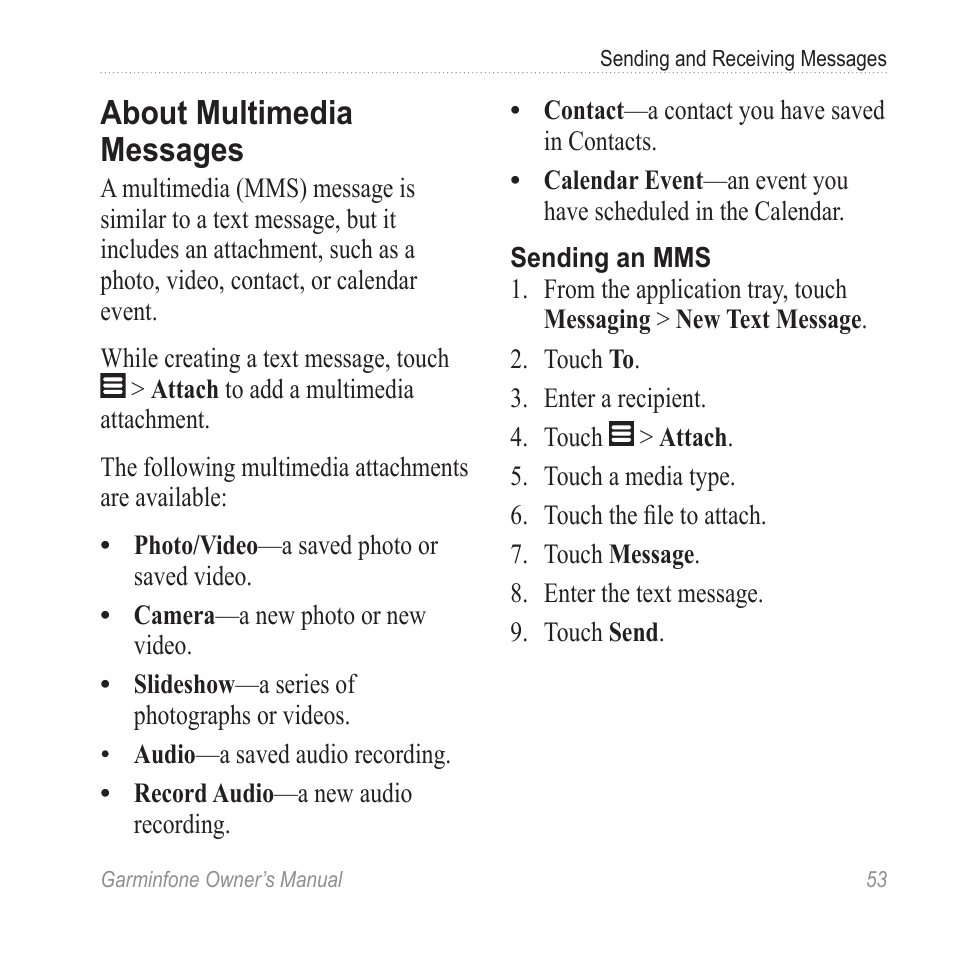 About multimedia messages | Garmin Cell Phone User Manual | Page 61 / 134