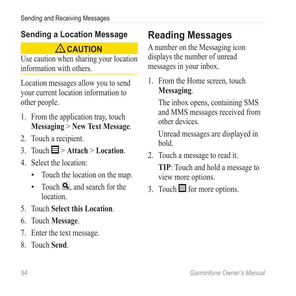 Reading messages | Garmin Cell Phone User Manual | Page 62 / 134