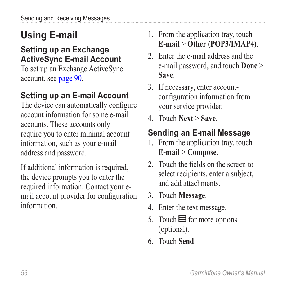 Using e-mail, Set up an e-mail account | Garmin Cell Phone User Manual | Page 64 / 134