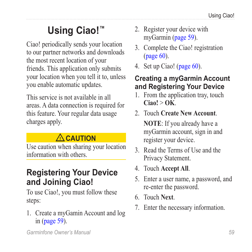 Using ciao, Registering your device and joining ciao, Registering your device and | Joining ciao | Garmin Cell Phone User Manual | Page 67 / 134