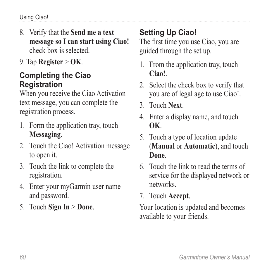 Set up ciao | Garmin Cell Phone User Manual | Page 68 / 134