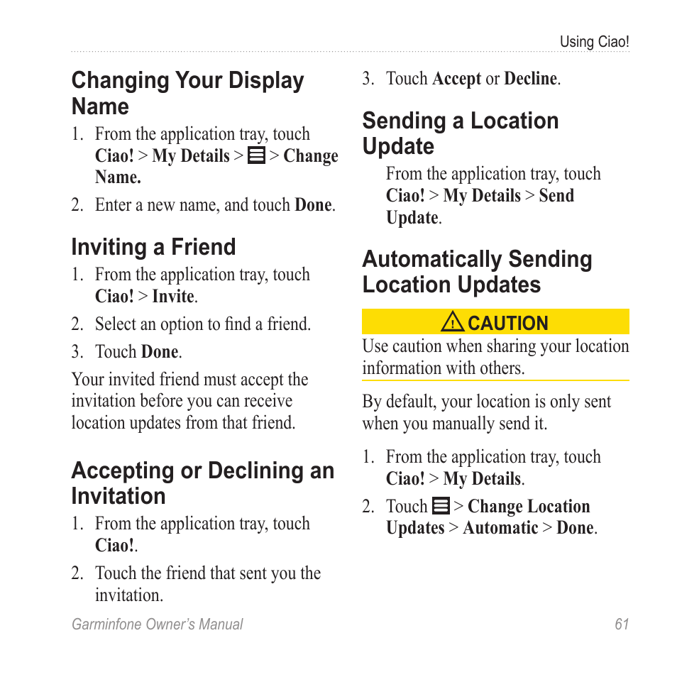Changing your display name, Inviting a friend, Accepting or declining an invitation | Sending a location update, Automatically sending location updates, Accepting or declining an, Invitation, Automatically sending location, Updates | Garmin Cell Phone User Manual | Page 69 / 134