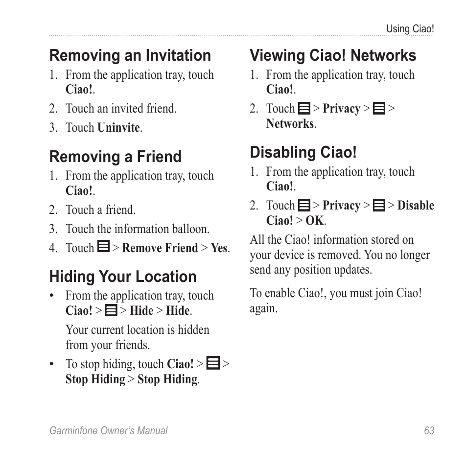 Removing an invitation, Removing a friend, Hiding your location | Viewing ciao! networks, Disabling ciao | Garmin Cell Phone User Manual | Page 71 / 134