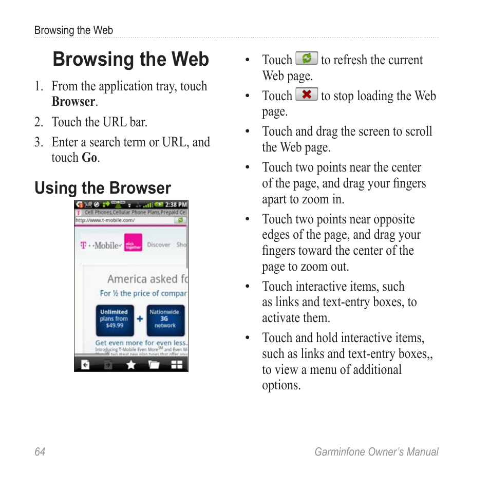 Browsing the web, Using the browser | Garmin Cell Phone User Manual | Page 72 / 134