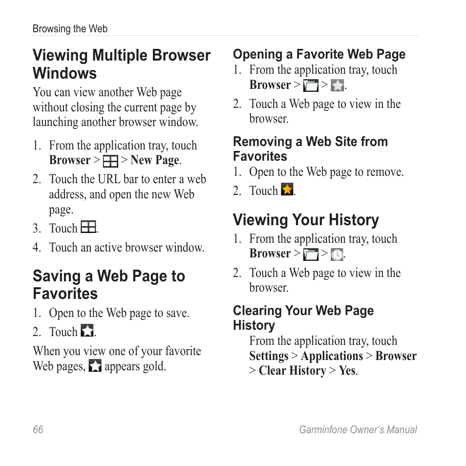 Viewing multiple browser windows, Viewing your history, Viewing multiple browser | Windows, Saving a web page to favorites | Garmin Cell Phone User Manual | Page 74 / 134