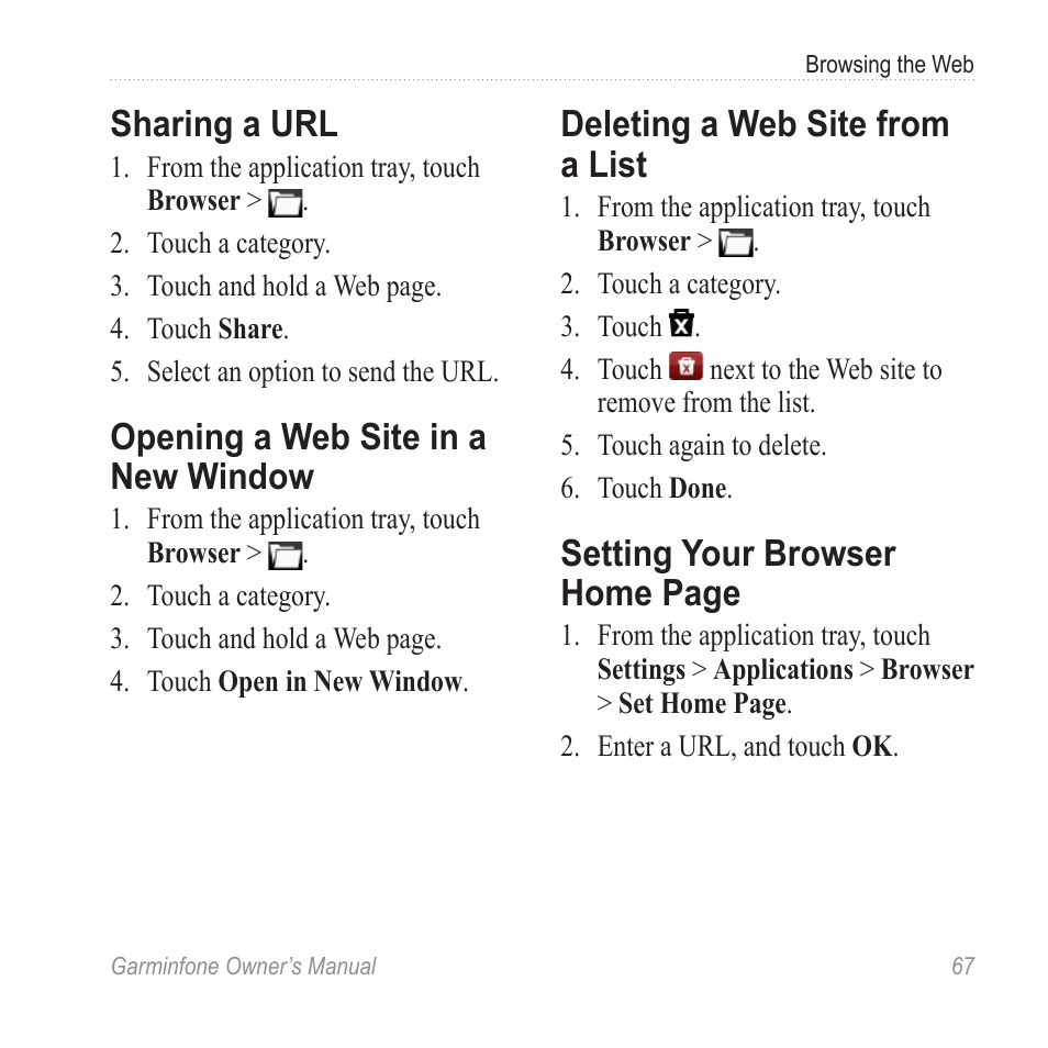 Sharing a url, Opening a web site in a new window, Deleting a web site from a list | Opening a web site in a new, Window, Setting your browser home, Setting your browser home page | Garmin Cell Phone User Manual | Page 75 / 134