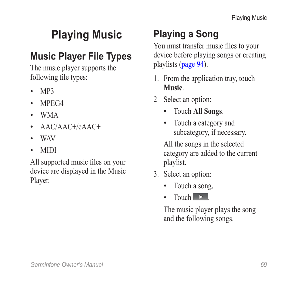 Playing music, Music player file types, Playing a song | Garmin Cell Phone User Manual | Page 77 / 134