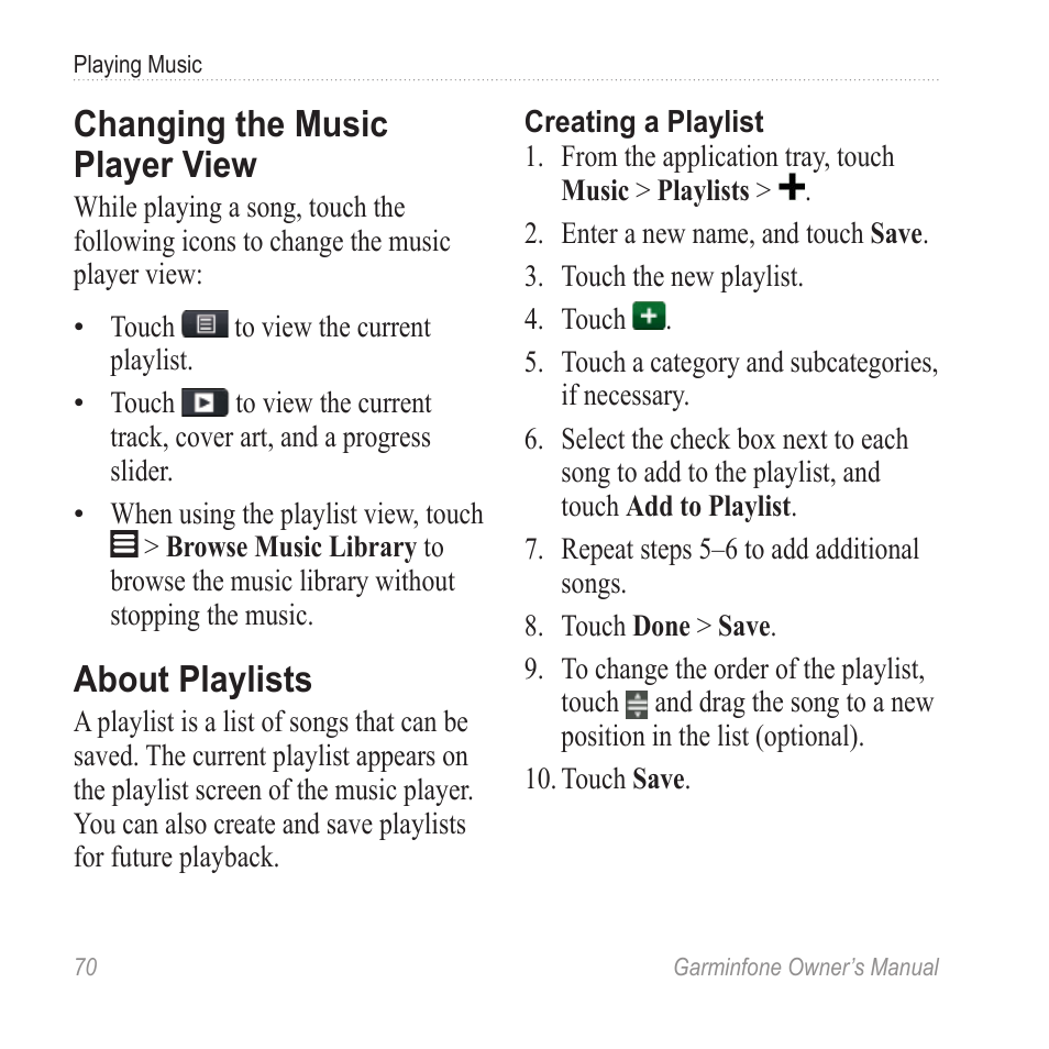 Changing the music player view, About playlists | Garmin Cell Phone User Manual | Page 78 / 134