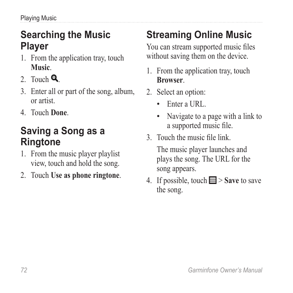 Searching the music player, Saving a song as a ringtone, Streaming online music | Garmin Cell Phone User Manual | Page 80 / 134