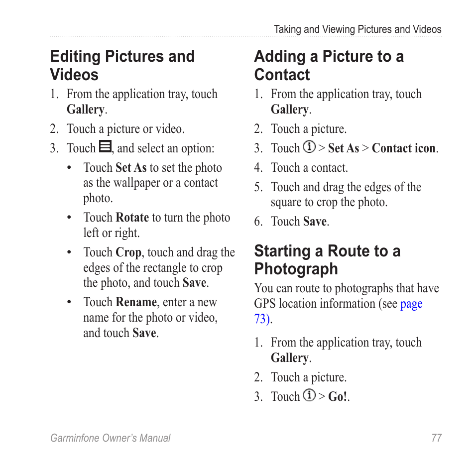 Editing pictures and videos, Adding a picture to a contact, Starting a route to a photograph | Garmin Cell Phone User Manual | Page 85 / 134