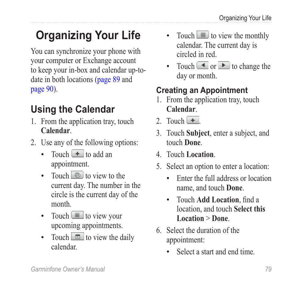 Organizing your life, Using the calendar | Garmin Cell Phone User Manual | Page 87 / 134