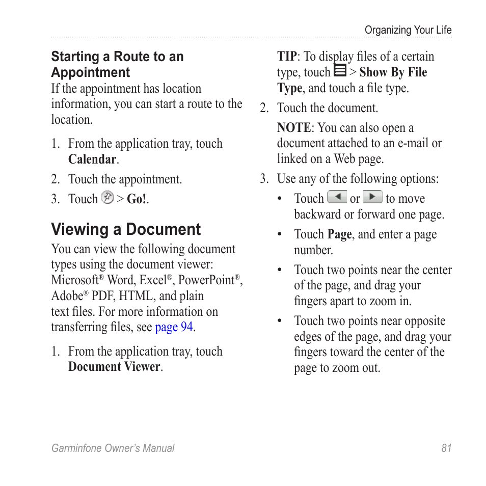 Viewing a document | Garmin Cell Phone User Manual | Page 89 / 134