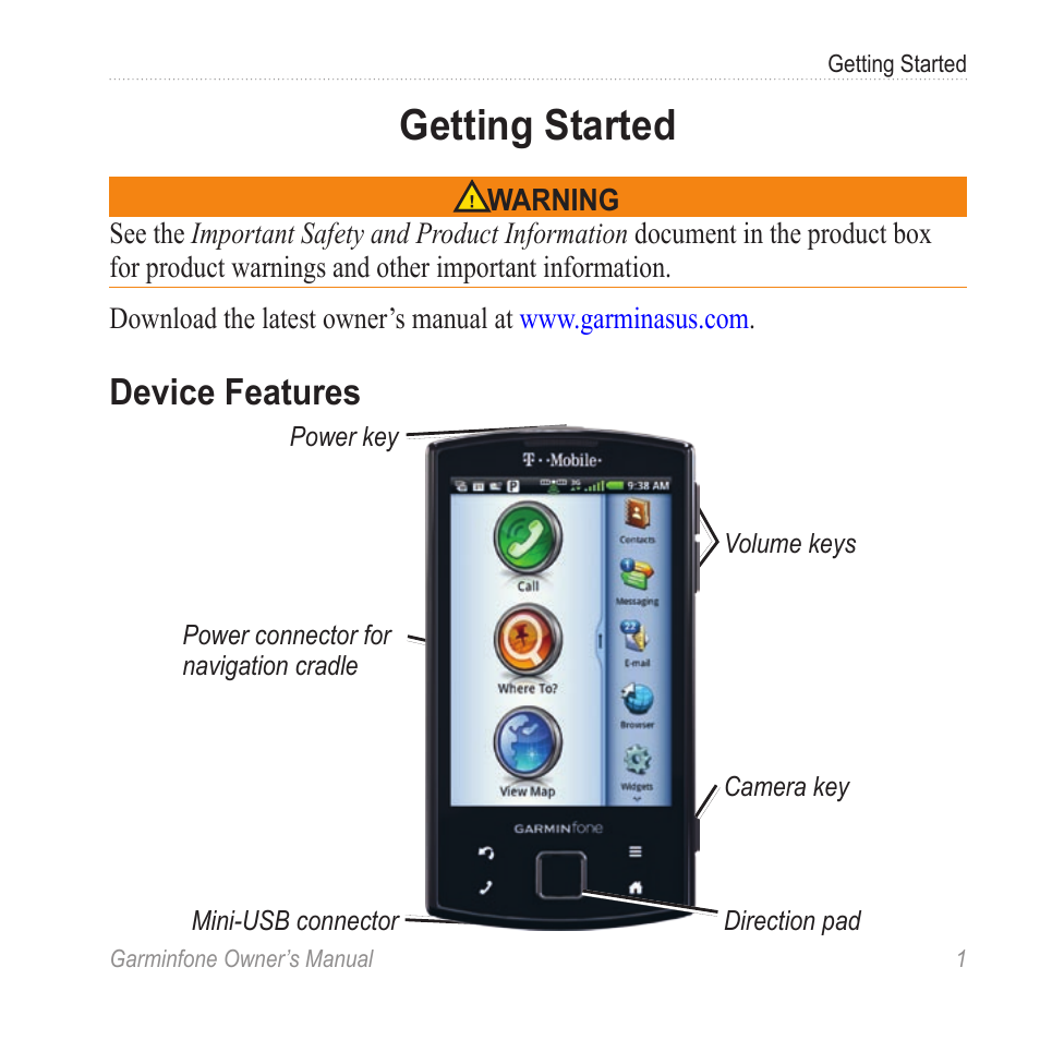 Getting started, Device features | Garmin Cell Phone User Manual | Page 9 / 134
