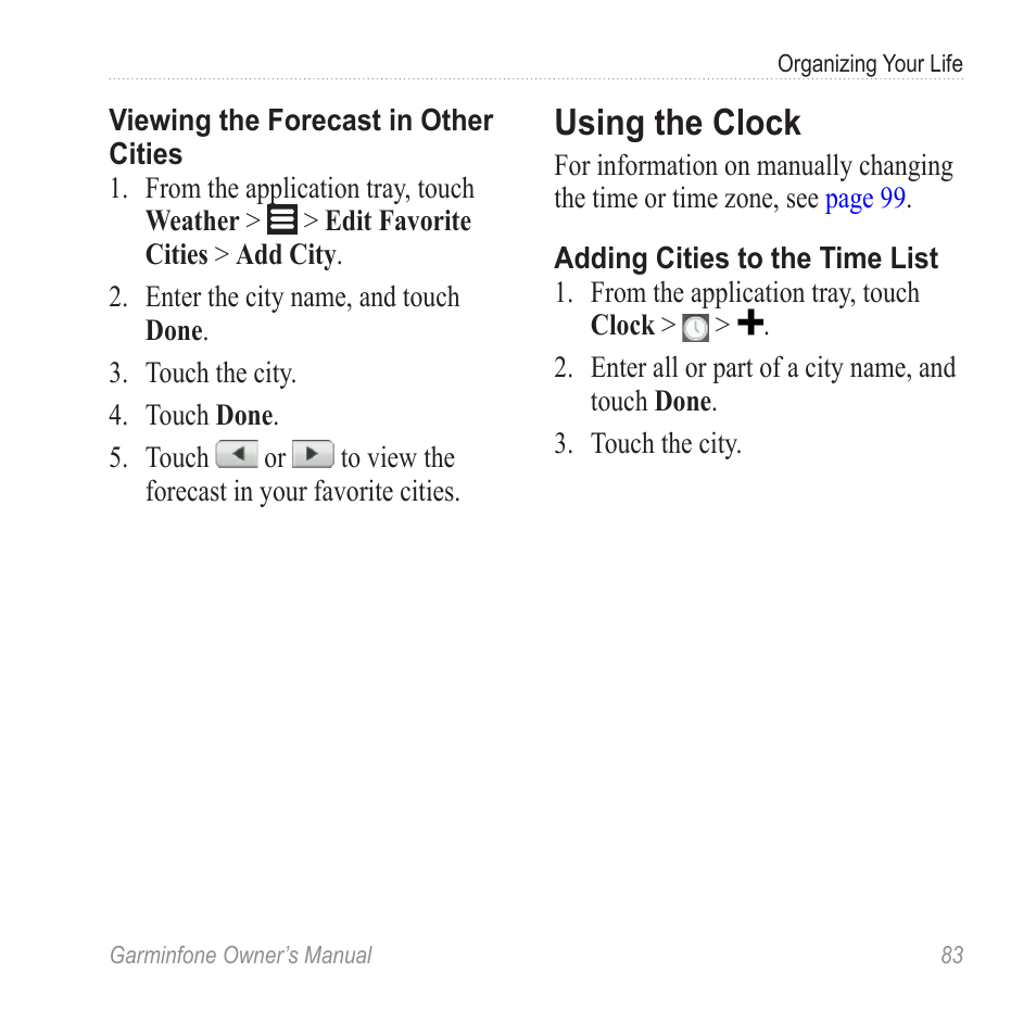 Using the clock | Garmin Cell Phone User Manual | Page 91 / 134