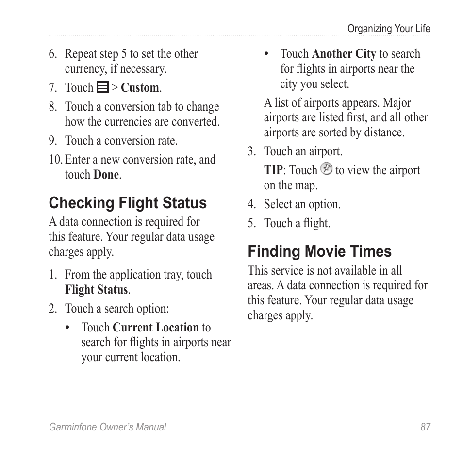 Checking flight status, Finding movie times | Garmin Cell Phone User Manual | Page 95 / 134