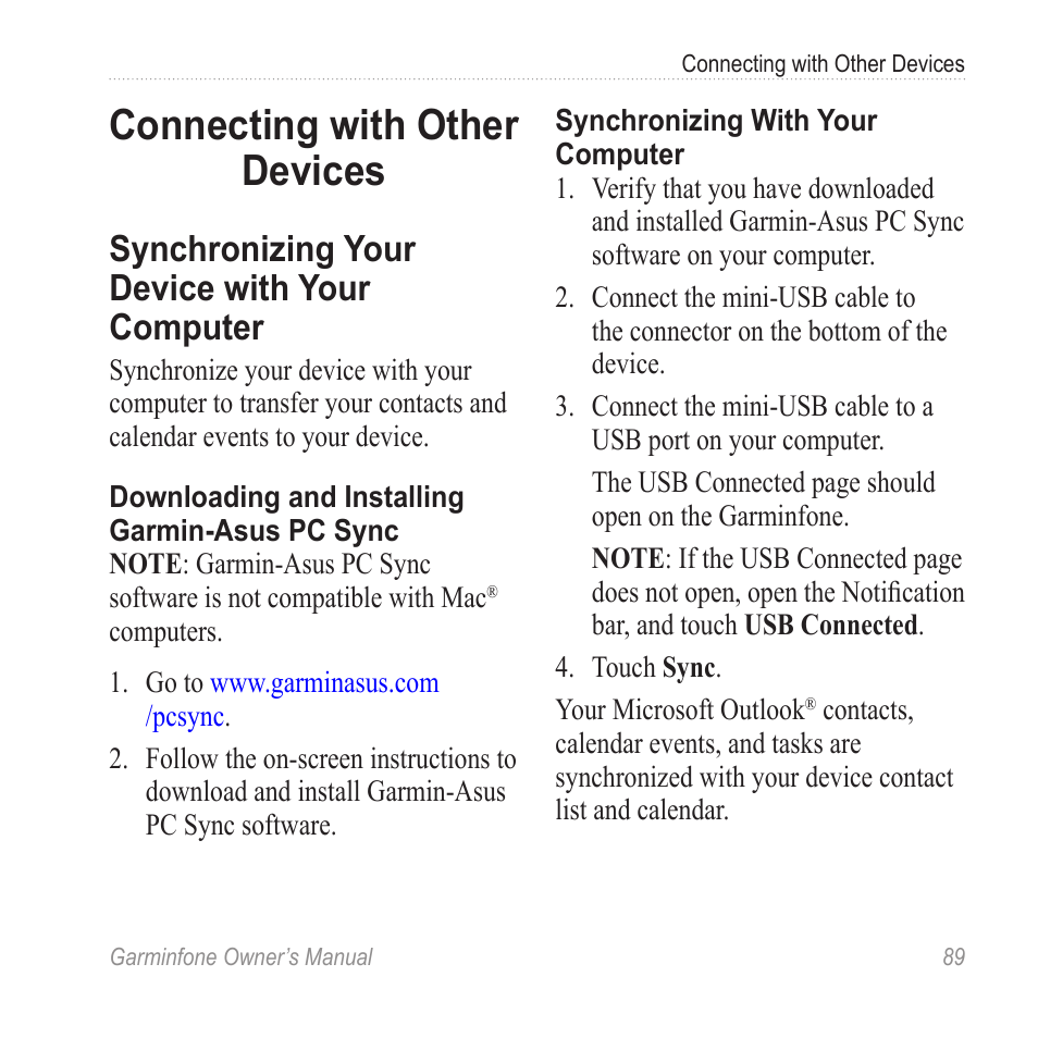 Connecting with other devices, Synchronizing your device with your computer, Connecting with other | Devices, Synchronizing your device with, Your computer, Computer | Garmin Cell Phone User Manual | Page 97 / 134