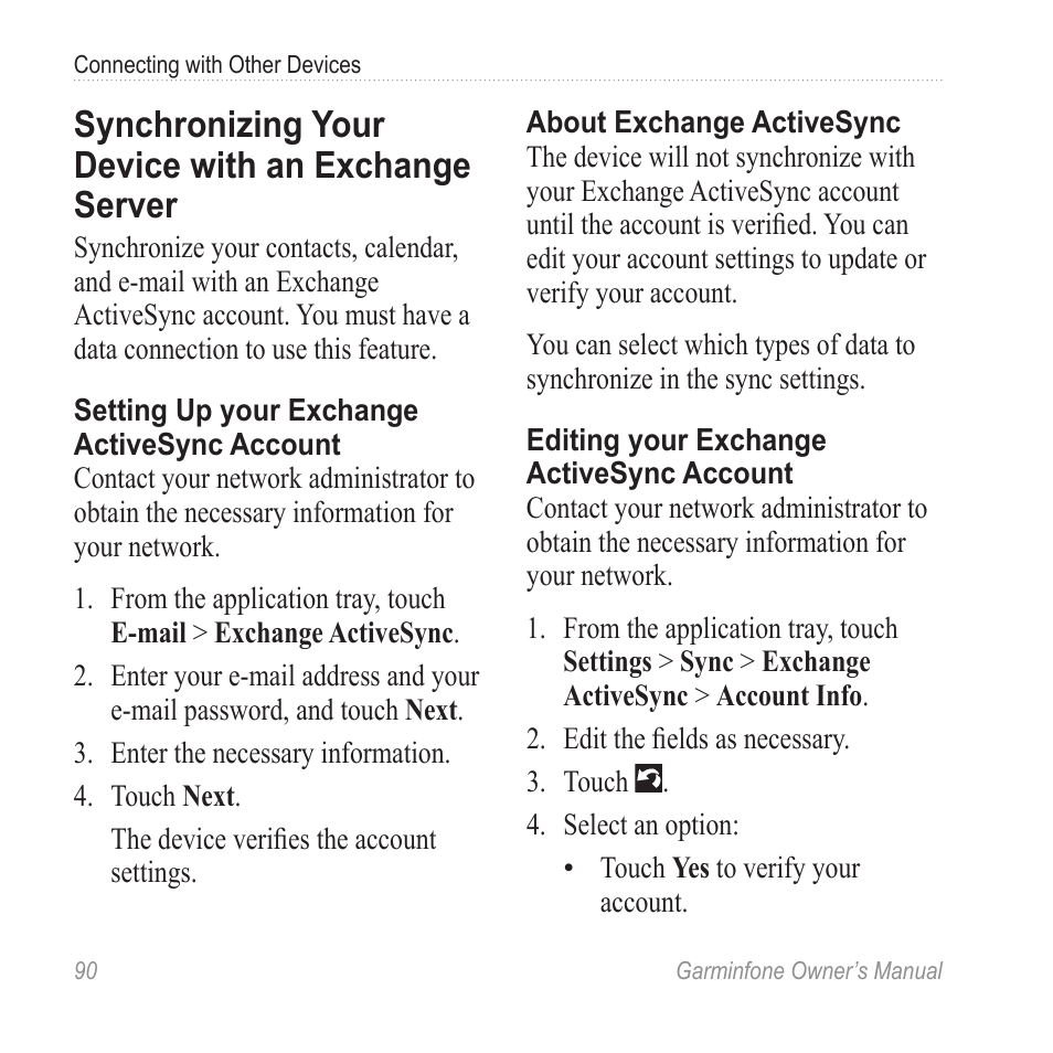 Synchronizing your device with an exchange server, Synchronizing your device with an, Exchange server | Garmin Cell Phone User Manual | Page 98 / 134