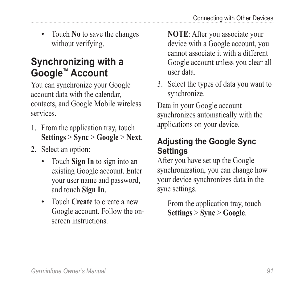 Synchronizing with a google™ account, Synchronizing with a google, Account | Garmin Cell Phone User Manual | Page 99 / 134