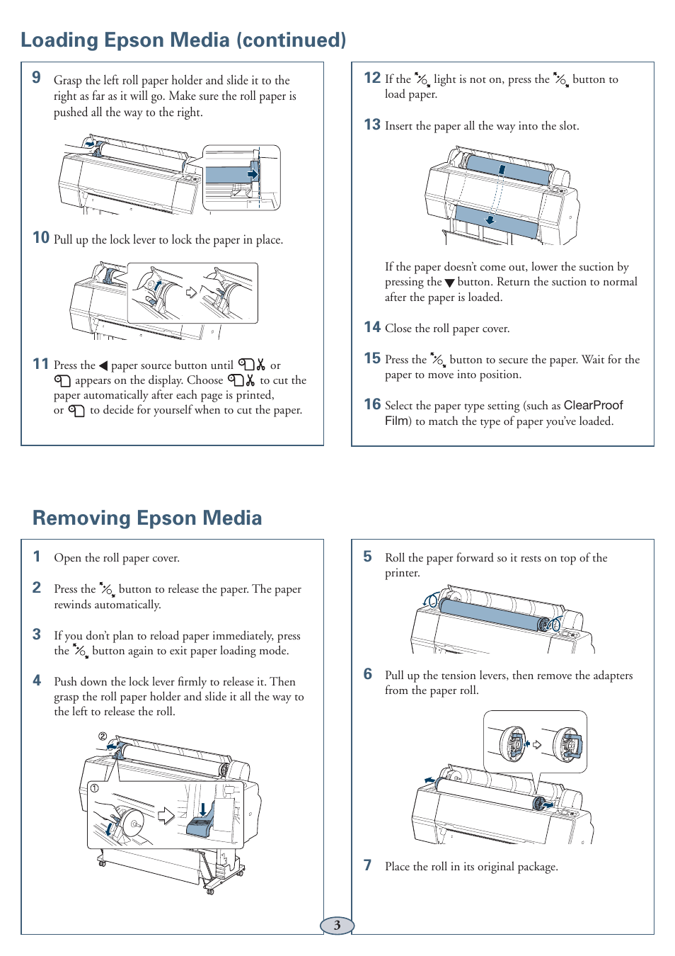 Removing epson media, Loading epson media (continued) | Garmin STYLUS PRO PRO WT7900 User Manual | Page 4 / 13