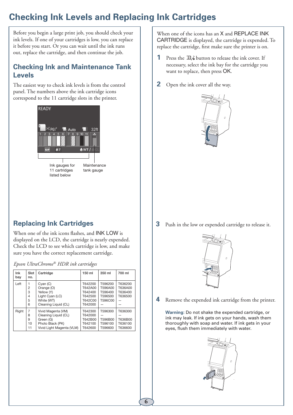 Checking ink levels and replacing ink cartridges, Checking ink and maintenance tank levels, Replacing ink cartridges | Garmin STYLUS PRO PRO WT7900 User Manual | Page 7 / 13