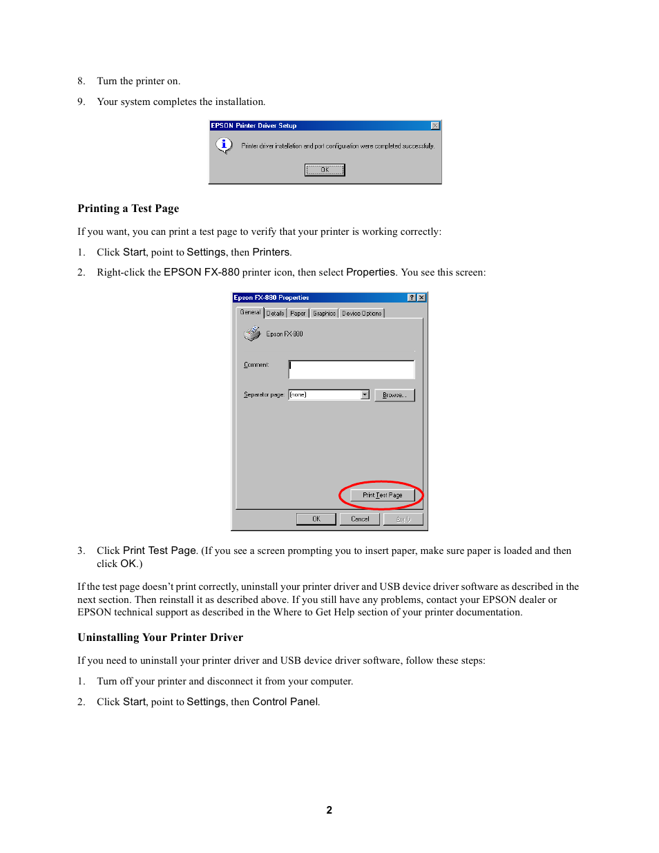 Uninstalling your printer driver | Garmin FX-880 User Manual | Page 2 / 10