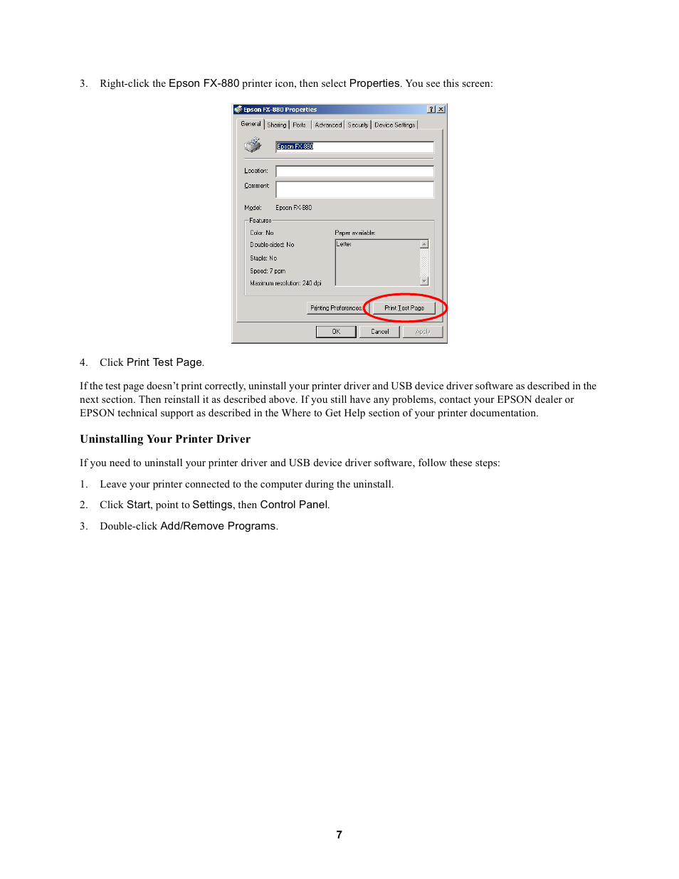 Uninstalling your printer driver | Garmin FX-880 User Manual | Page 7 / 10