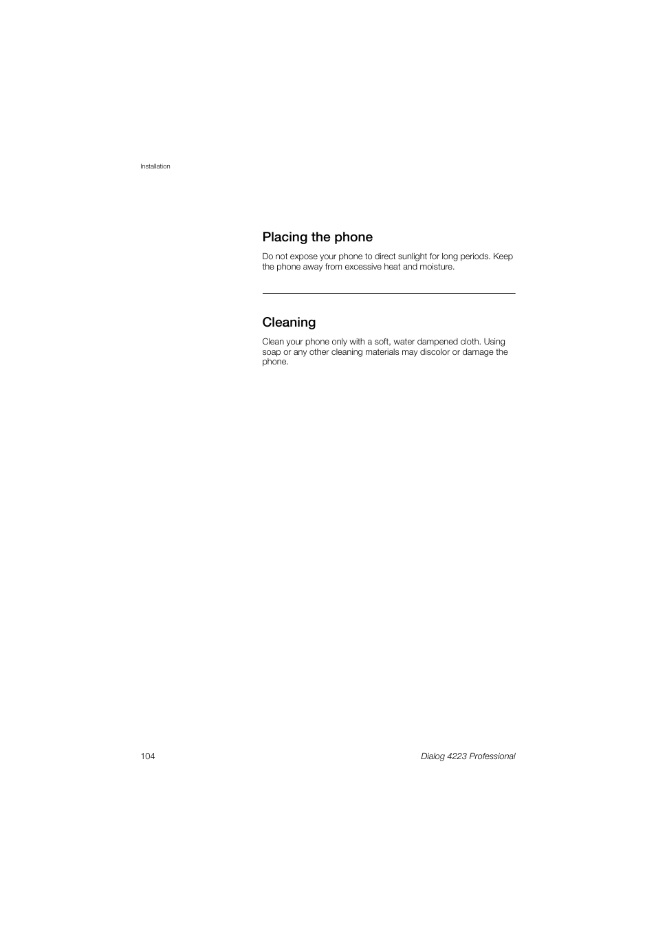 Placing the phone, Cleaning | Dialog 4223 Professional User Manual | Page 104 / 110