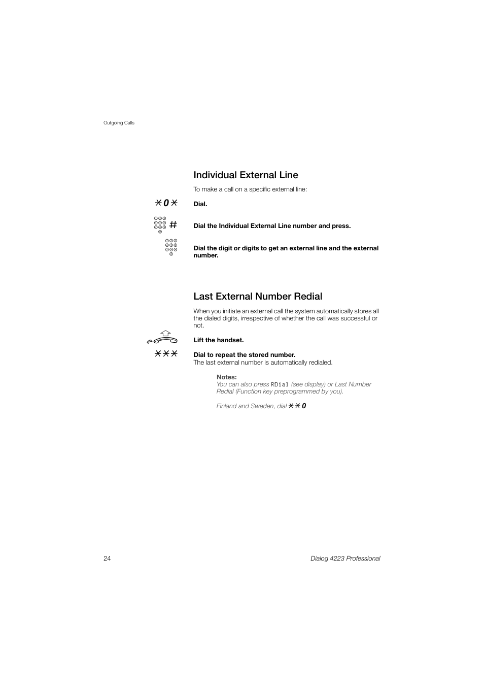 Individual external line, Last external number redial | Dialog 4223 Professional User Manual | Page 24 / 110