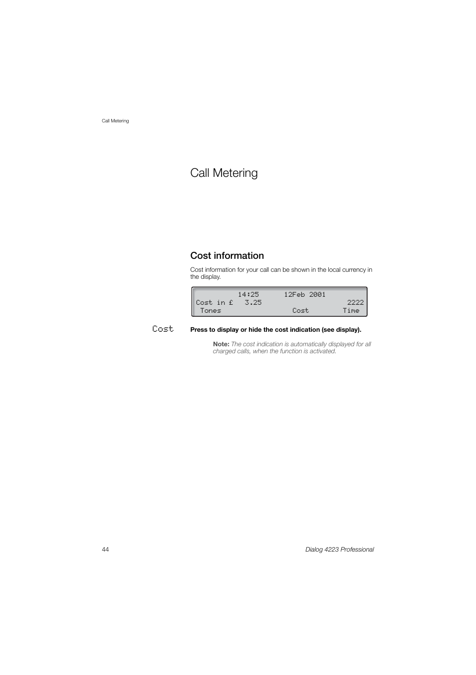 Call metering, Cost information | Dialog 4223 Professional User Manual | Page 44 / 110