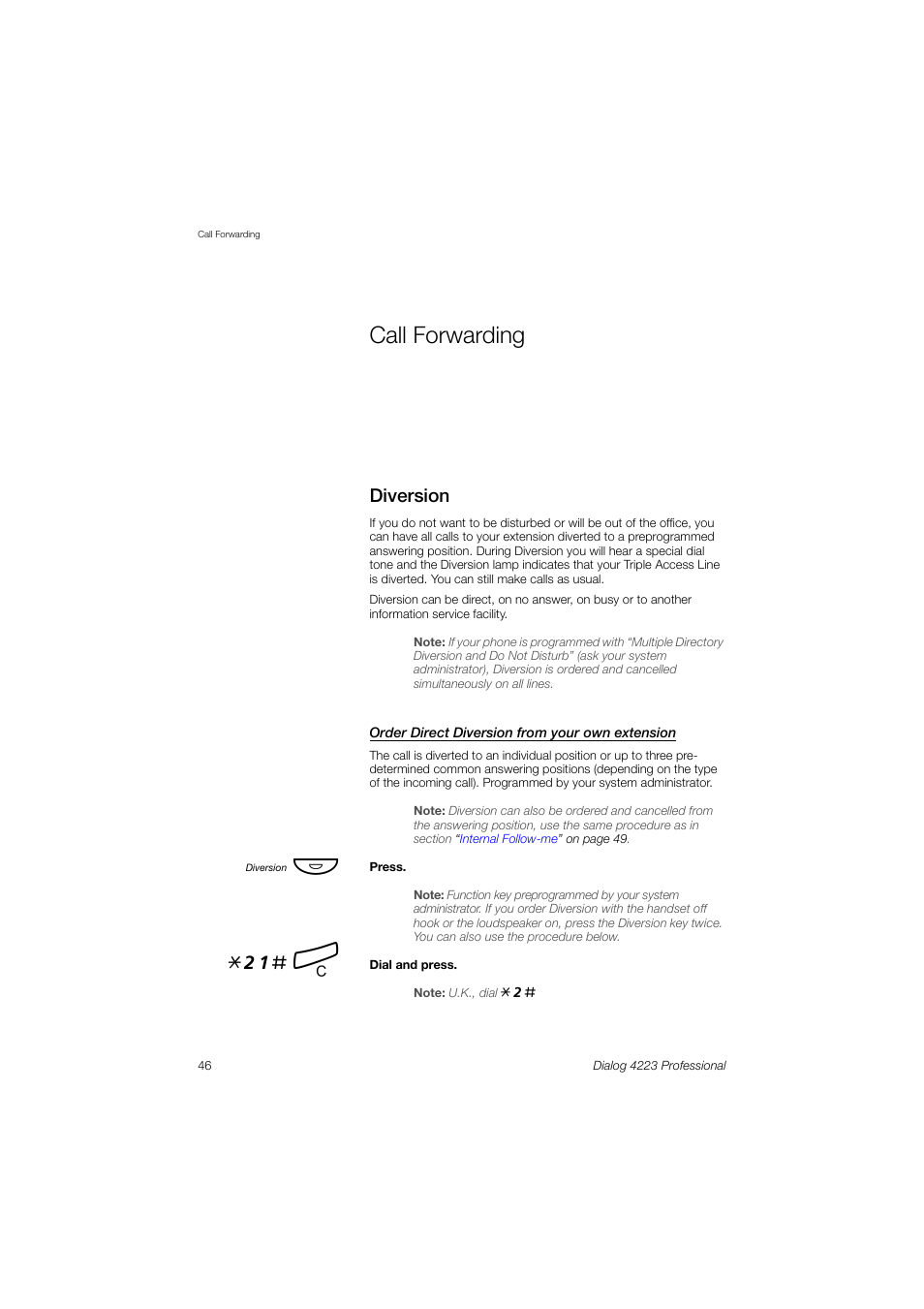 Call forwarding, Diversion, 21# í | Dialog 4223 Professional User Manual | Page 46 / 110