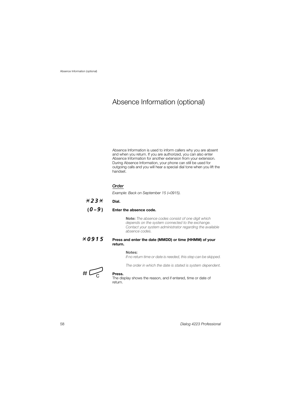 Absence information (optional) | Dialog 4223 Professional User Manual | Page 58 / 110