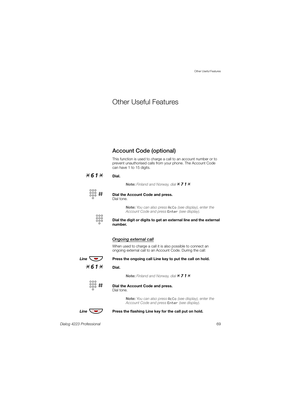 Other useful features, Account code (optional) | Dialog 4223 Professional User Manual | Page 69 / 110