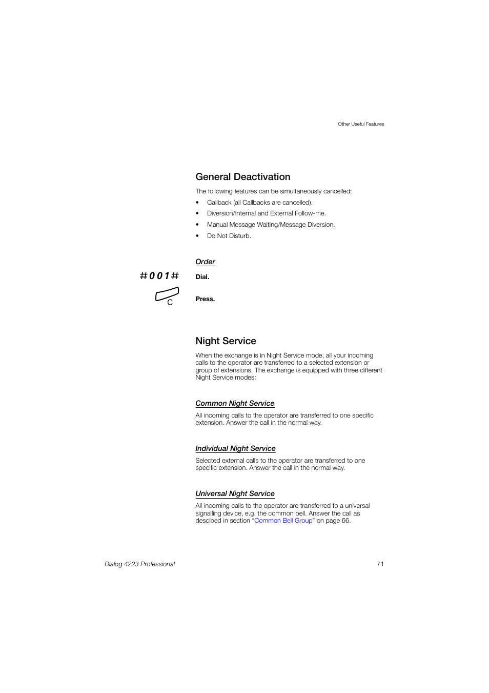 General deactivation, Night service | Dialog 4223 Professional User Manual | Page 71 / 110