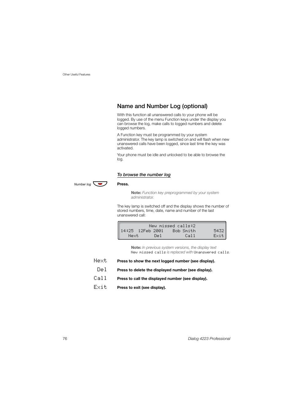 Name and number log (optional) | Dialog 4223 Professional User Manual | Page 76 / 110