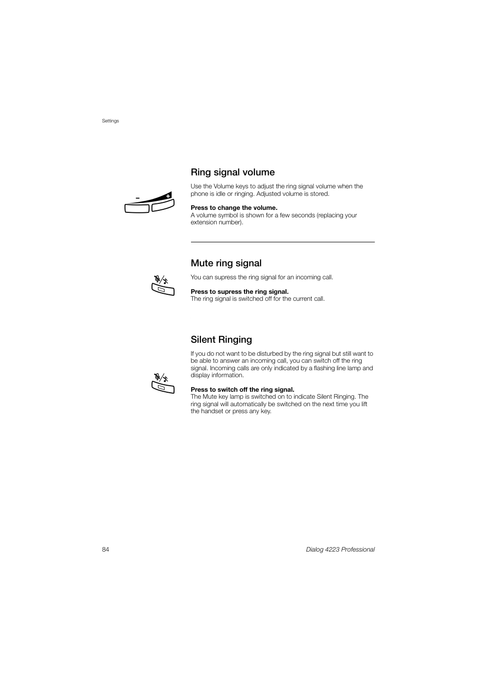 Ring signal volume, Mute ring signal, Silent ringing | Ions | Dialog 4223 Professional User Manual | Page 84 / 110