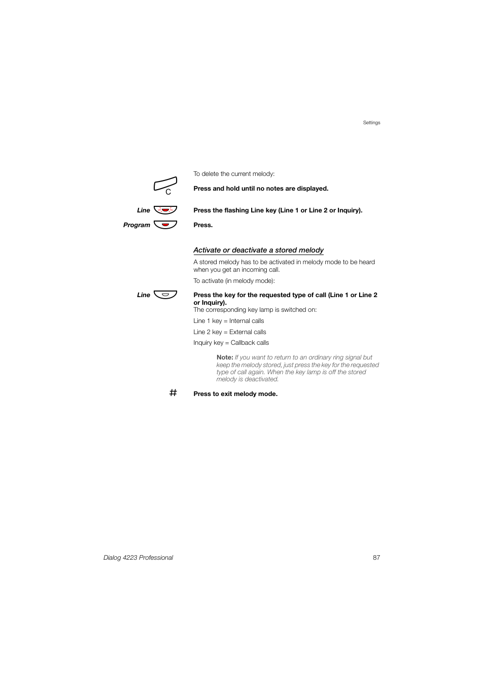 Activate or, Deactivate a stored melody | Dialog 4223 Professional User Manual | Page 87 / 110