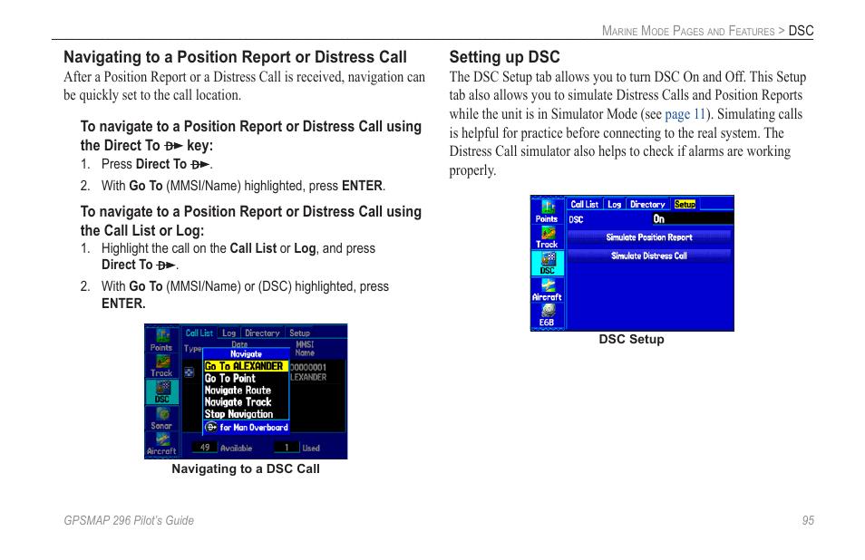 Navigating to a position report or distress call, Setting up dsc | Garmin GPSMAP 296 User Manual | Page 103 / 168