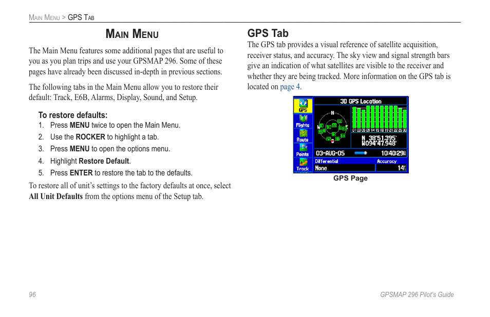 Main menu, Gps tab | Garmin GPSMAP 296 User Manual | Page 104 / 168