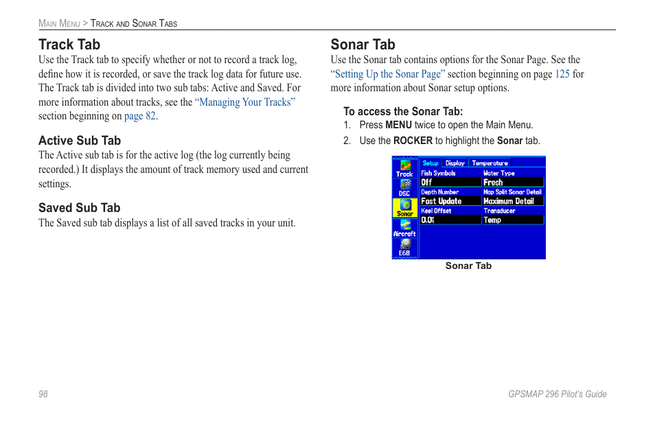 Track tab, Sonar tab | Garmin GPSMAP 296 User Manual | Page 106 / 168