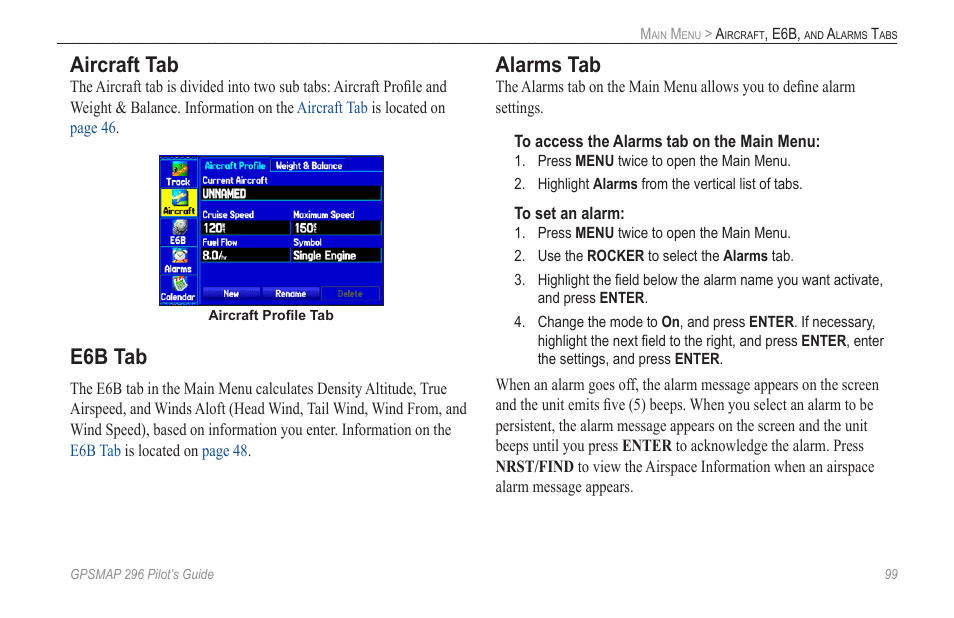 Aircraft tab, Alarms tab, E6b tab | Garmin GPSMAP 296 User Manual | Page 107 / 168