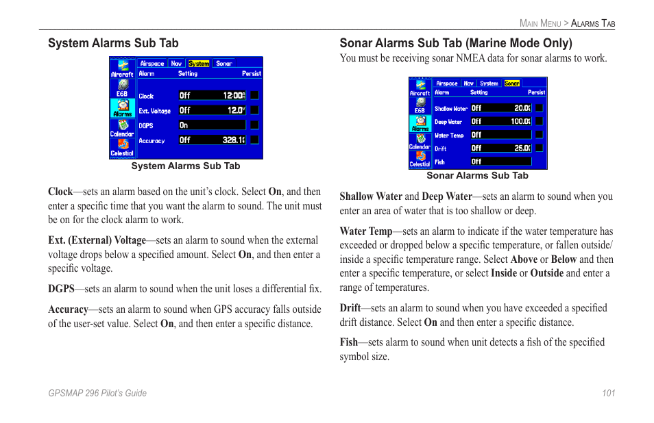 System alarms sub tab, Sonar alarms sub tab (marine mode only) | Garmin GPSMAP 296 User Manual | Page 109 / 168