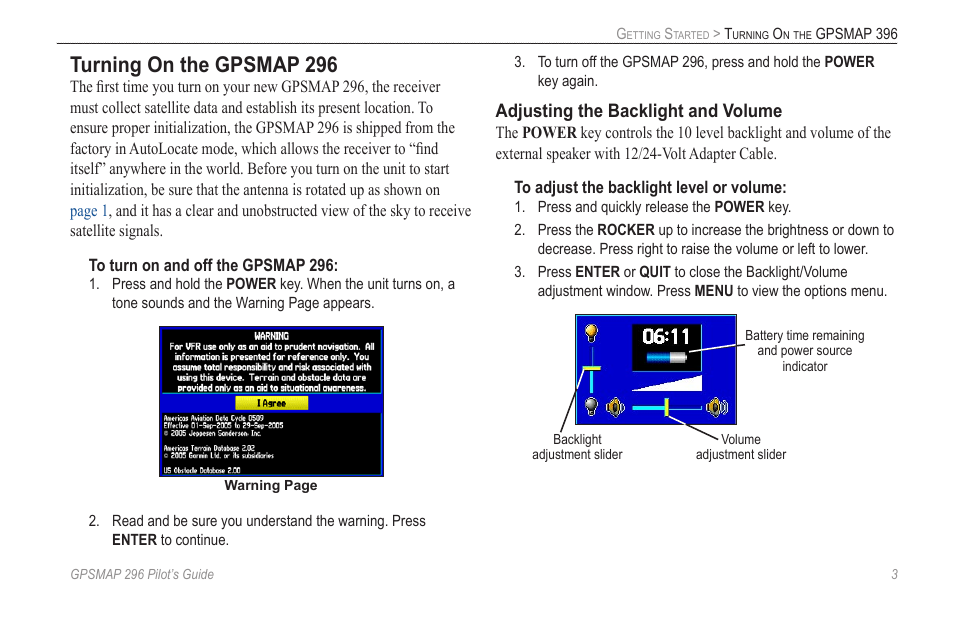 Turning on the gpsmap 296, Adjusting the backlight and volume | Garmin GPSMAP 296 User Manual | Page 11 / 168