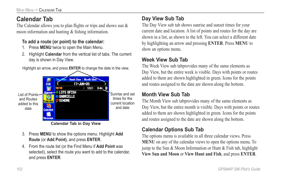 Calendar tab | Garmin GPSMAP 296 User Manual | Page 110 / 168